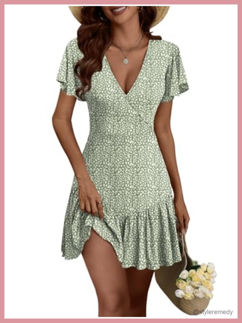 Women's Summer Mini Dress Short Sleeve Wrap V-Neck A-Line Floral Beach Casual